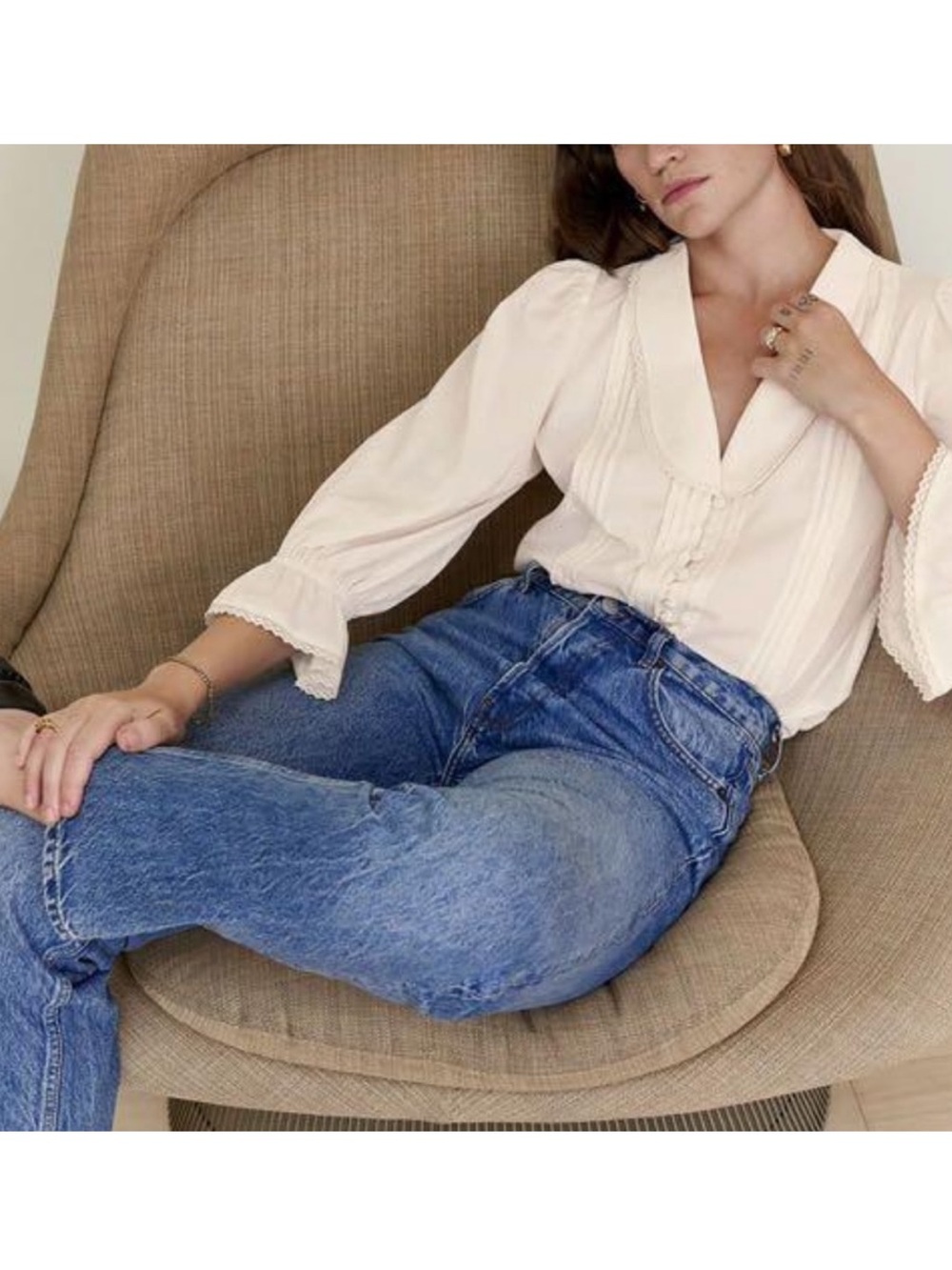 Reformation Cream V-Neck Pintuck Blouse